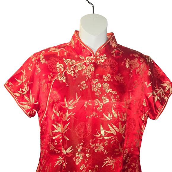 Red Floral Brocade Cheongsam Qipao Dress XL Chinese Traditional Satin Side Slits - Picture 3 of 13